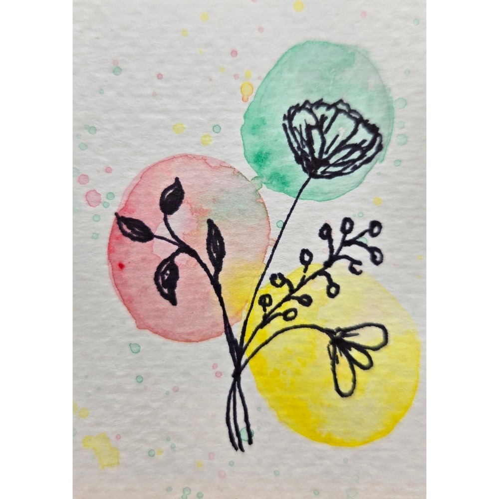 ACEO Original Art Abstract Floral Watercolor and Ink